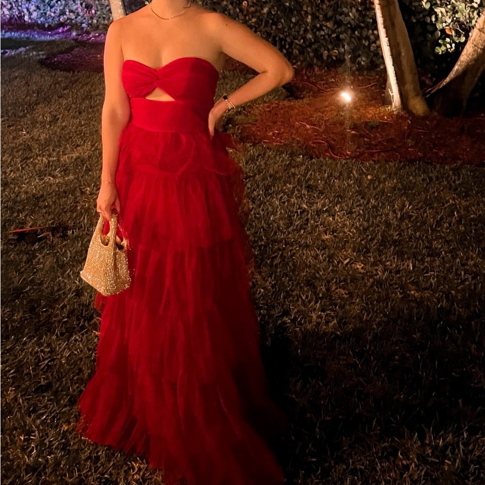 Blondie Nites Red Tiered-Mesh Cut-Out Dress